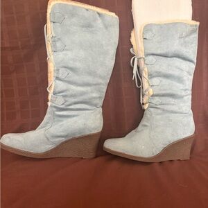 Shearling Lined Light Blue Wedge Winter Boots | Cozy & Warm